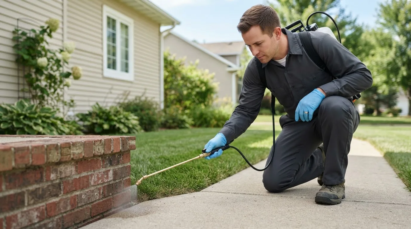 Pest control technician treating a home near Champlin, MN