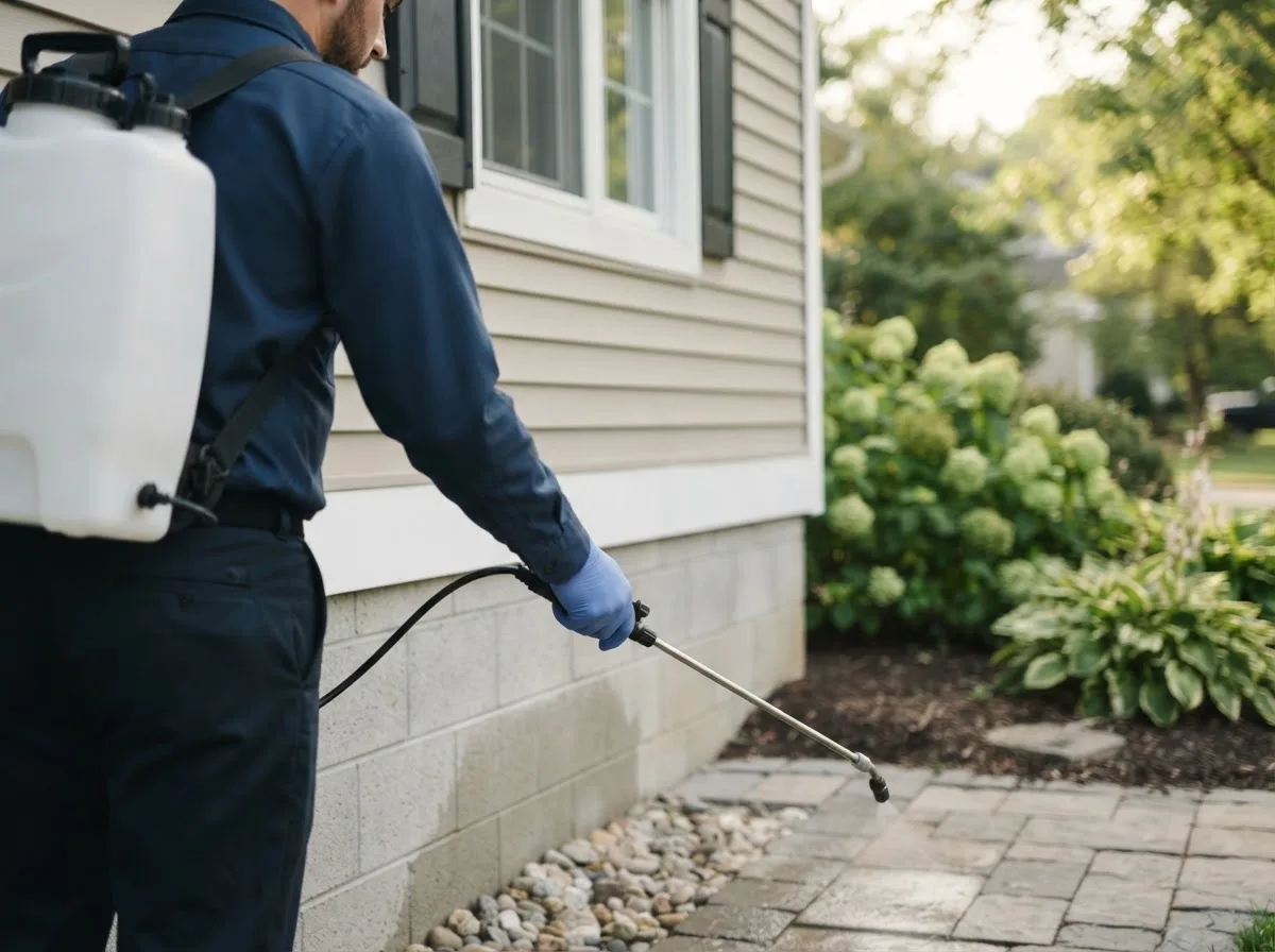 Pest control technician inspecting a home in Champlin, MN
